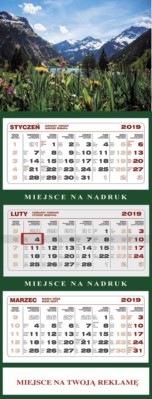 Kalendarz 2019 trójdzielny Alpy