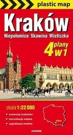 Kraków 4 plany w 1, foliowany plan Krakowa, Niepołomic, Skawiny i  Wieliczki (slaka 1:22 000)