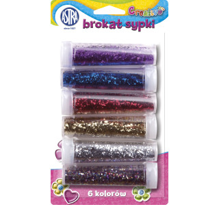 Brokat 7g x 6 kolorów (fioletowy, niebieski, czerwony, złoty, srebrny, wielokolorowy)