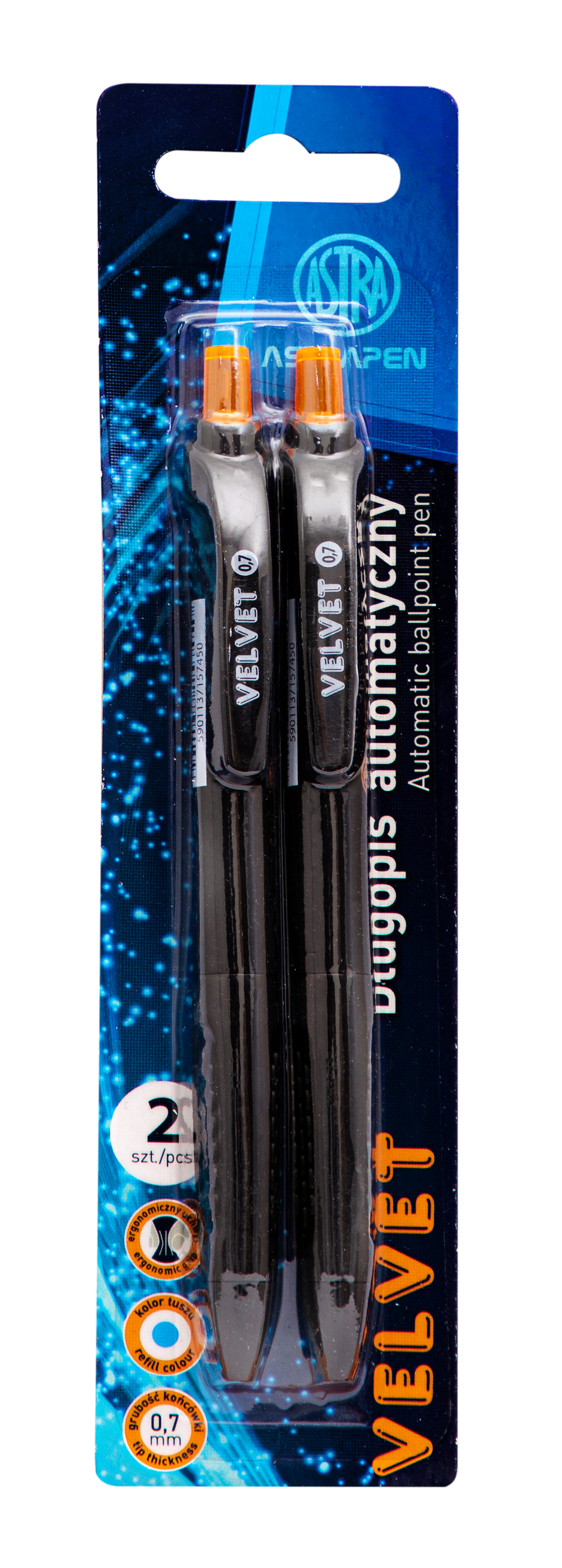 Długopis automatyczny Velvet Pen z ergonomicznym uchwytem Astra 0.7 mm niebieski blister 2 szt.