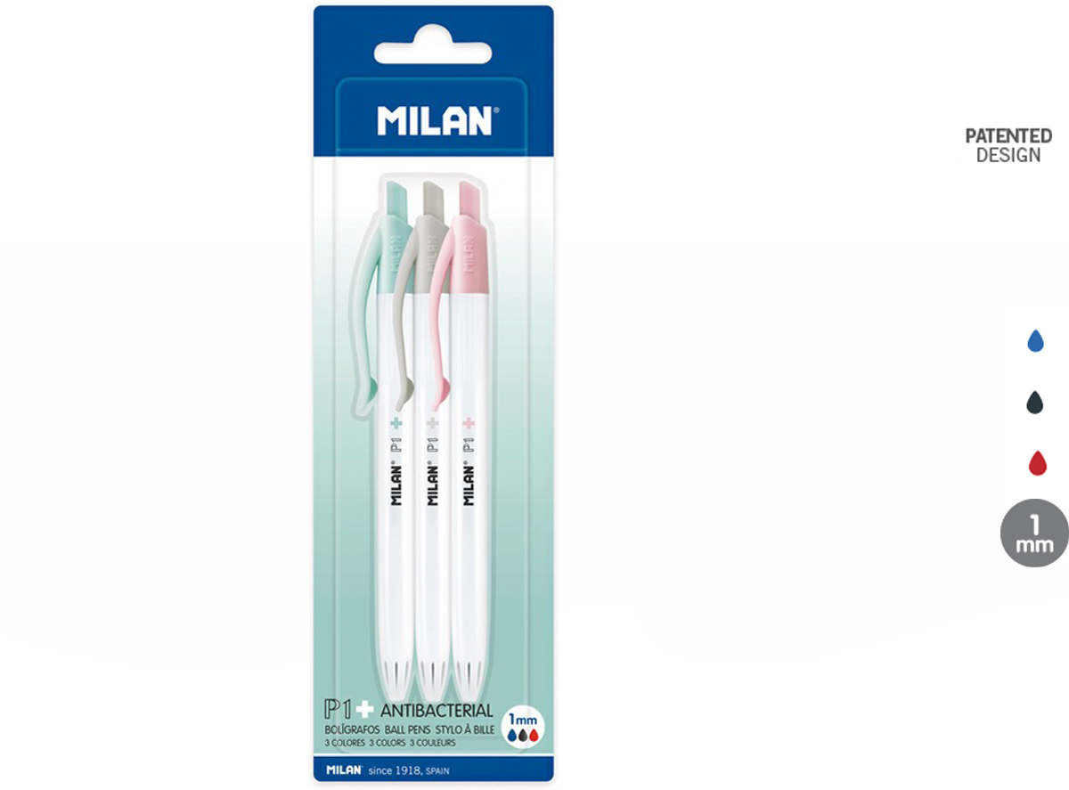 Długopis P1 Antibacterial Milan 3 sztuki niebieski, czarny, czerwony na blistrze