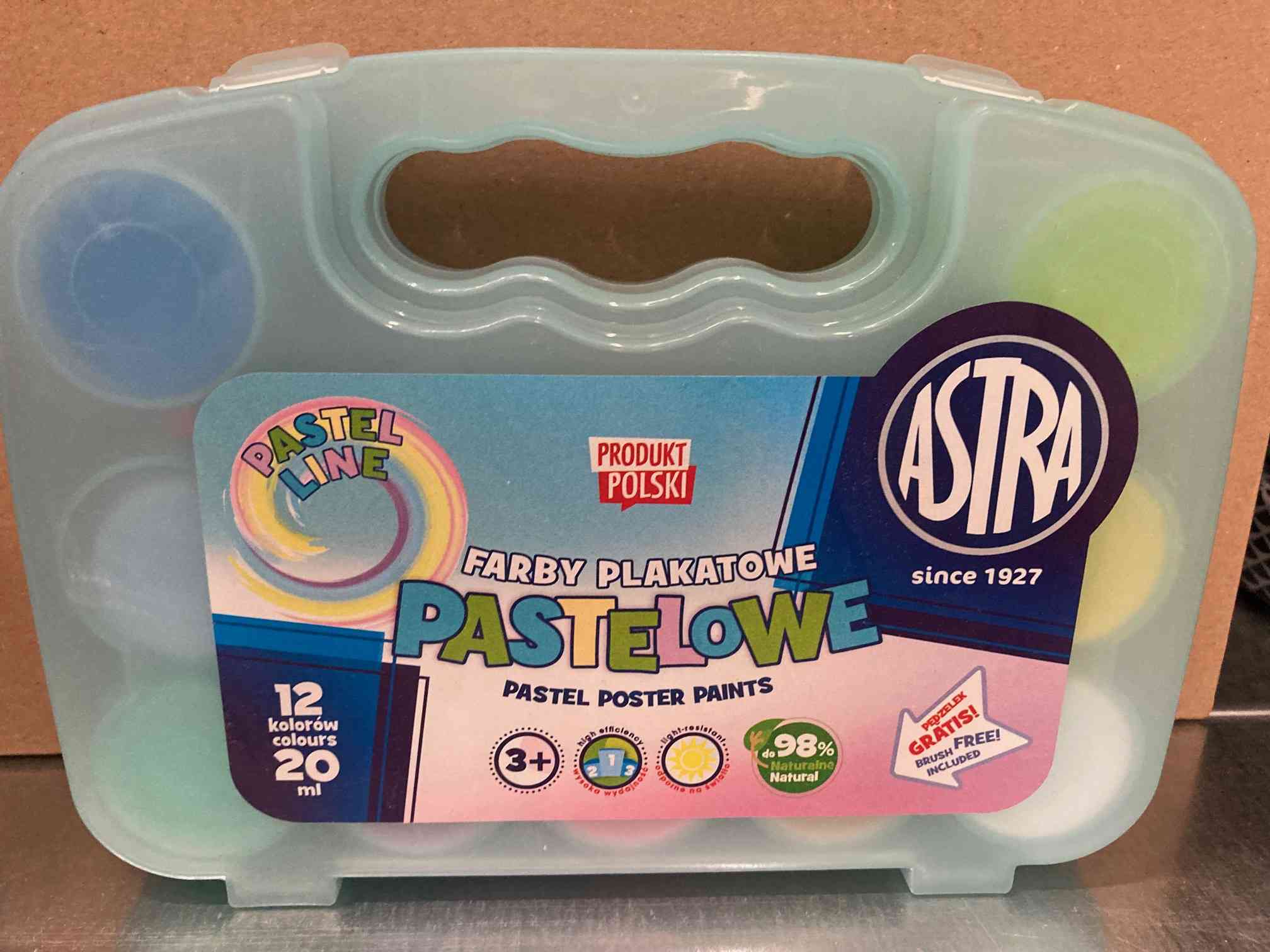 Farby plakatowe Astra pastelowe 12 kolorów 20 ml walizka