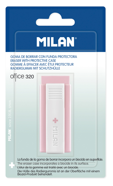 Gumka Milan OFFICE 320 + EDITION w plastikowej obudowie, różowa na blistrze