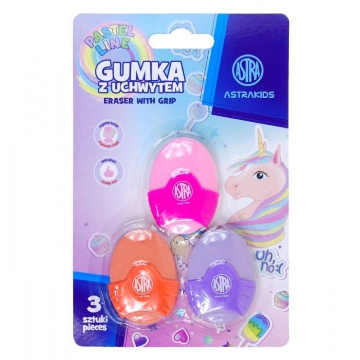 Gumka owalna z uchwytem Astrakids Unicorn 3 szt.