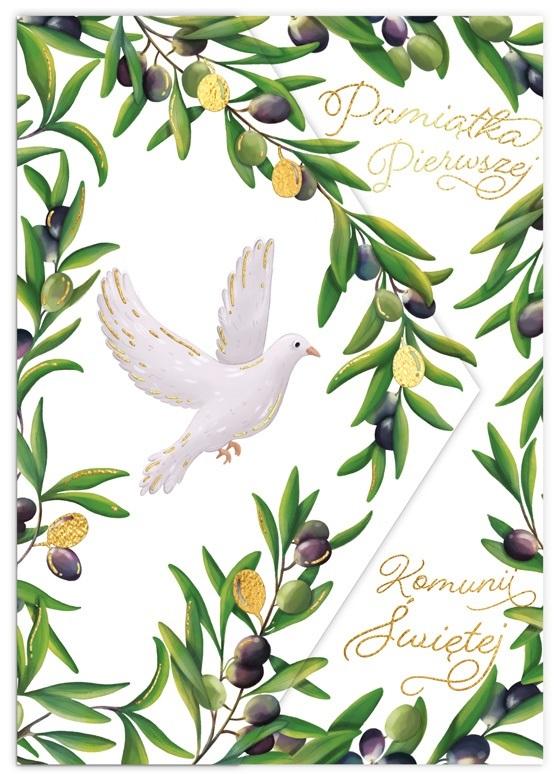 Karnet A5 komunia oliwki i gołąb