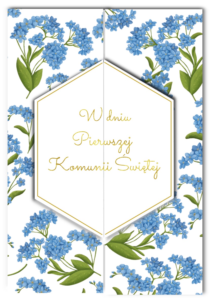 Karnet A5 komunia rozkładany HS niezapominajki