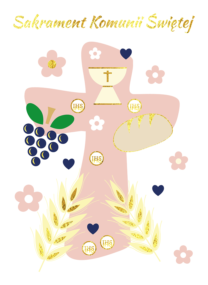 Karnet B6 komunia krzyż różowy