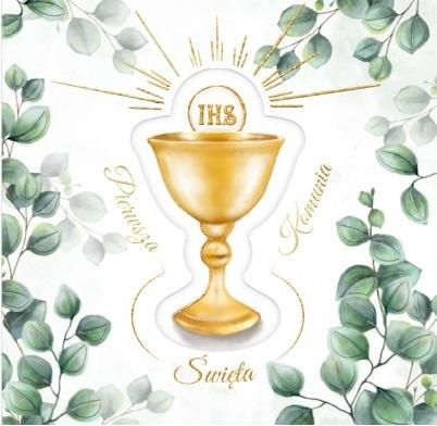 Karnet KW komunia kielich z eukaliptusem