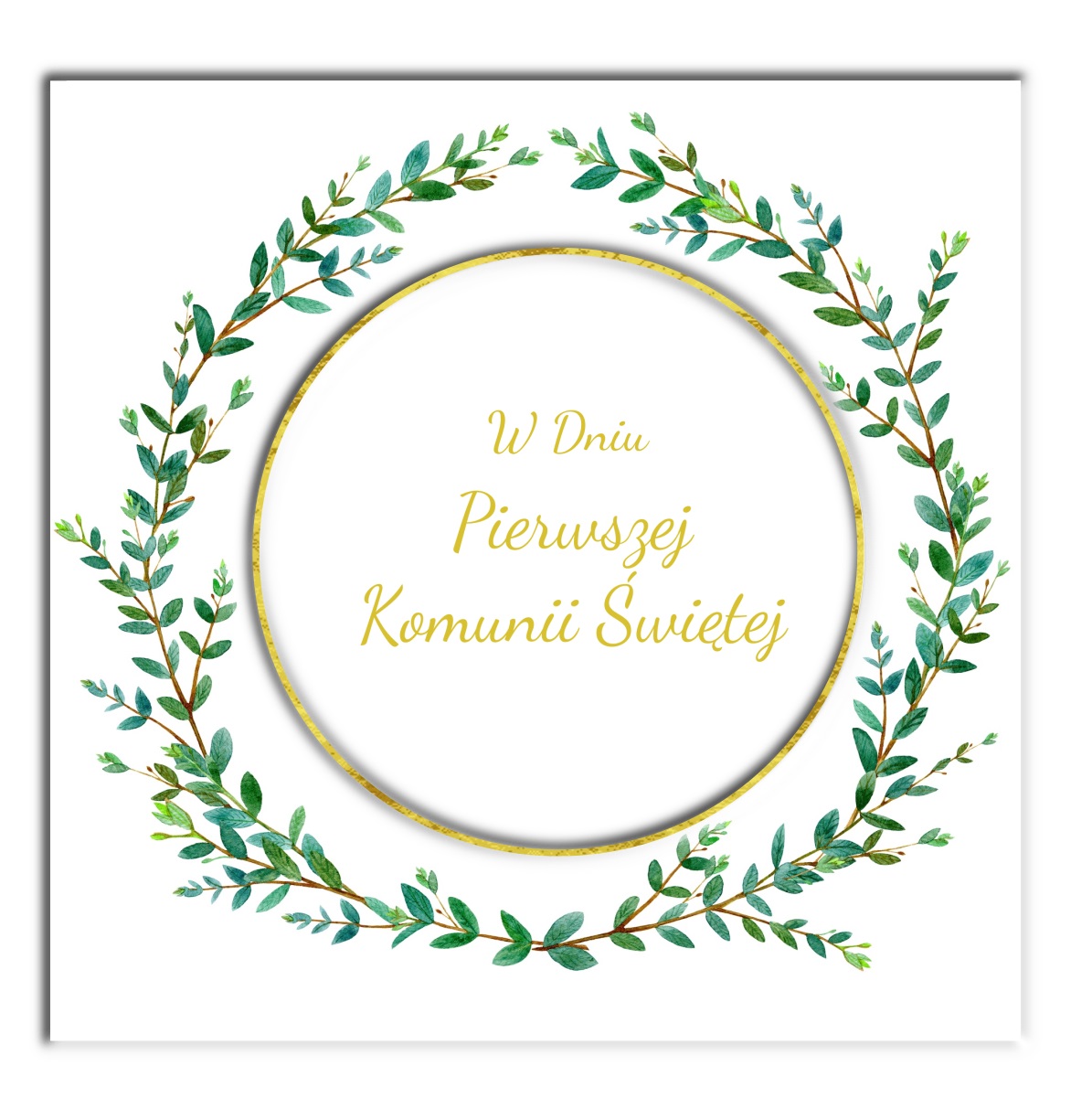 Karnet KW komunia z kółkiem HS TŁ wianek liście