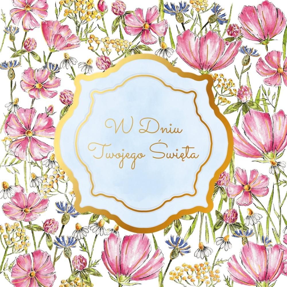 Karnet KW W dniu Twojego święta kwiaty niebieski