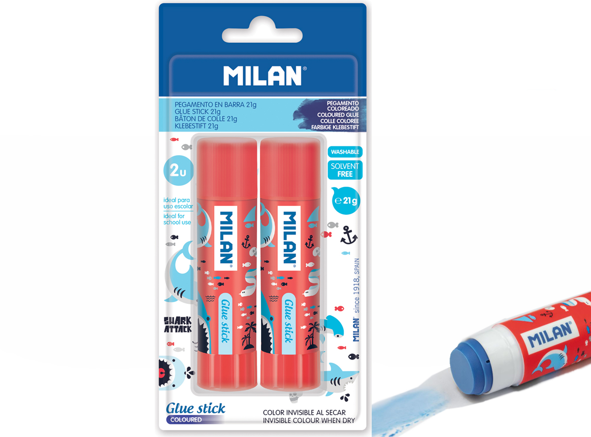 Klej w sztyfcie 21g MILAN SHARK ATTACK niebieski, 2 sztuki na blistrze
