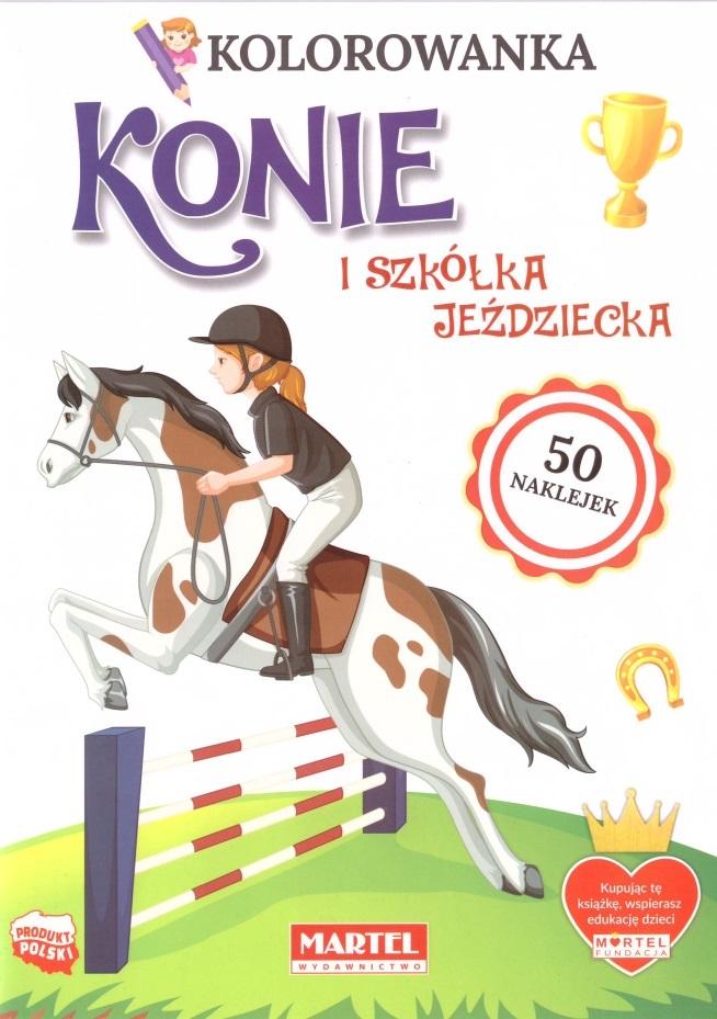 Konie i szkółka jeździecka z naklejkami. Kolorowanka