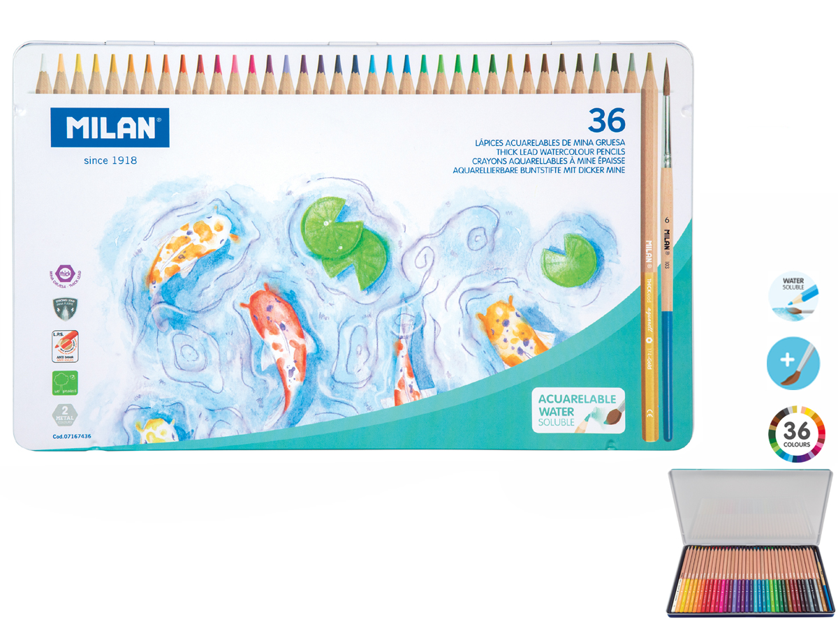 Kredki akwarelowe sześciokątne Milan 36 kolorów THICK LEAD 174 w metalowym opakowaniu