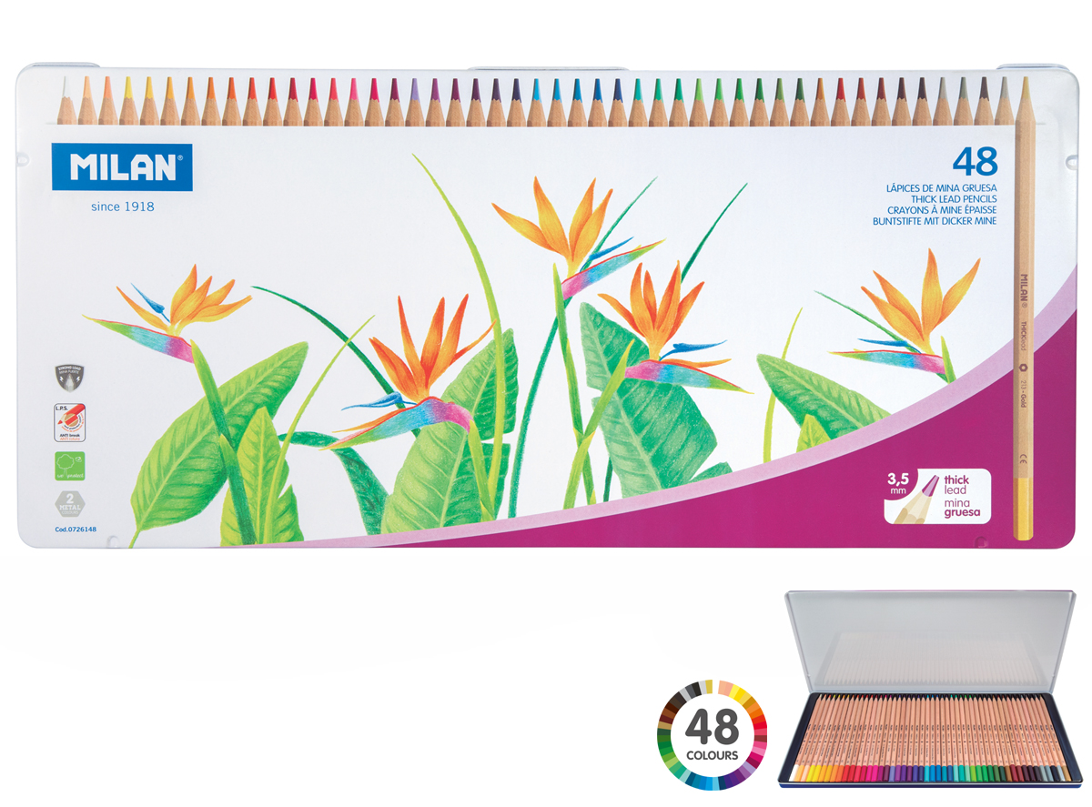 Kredki ołówkowe sześciokątne Milan 48 kolorów THICK LEAD 213 w metalowym opakowaniu