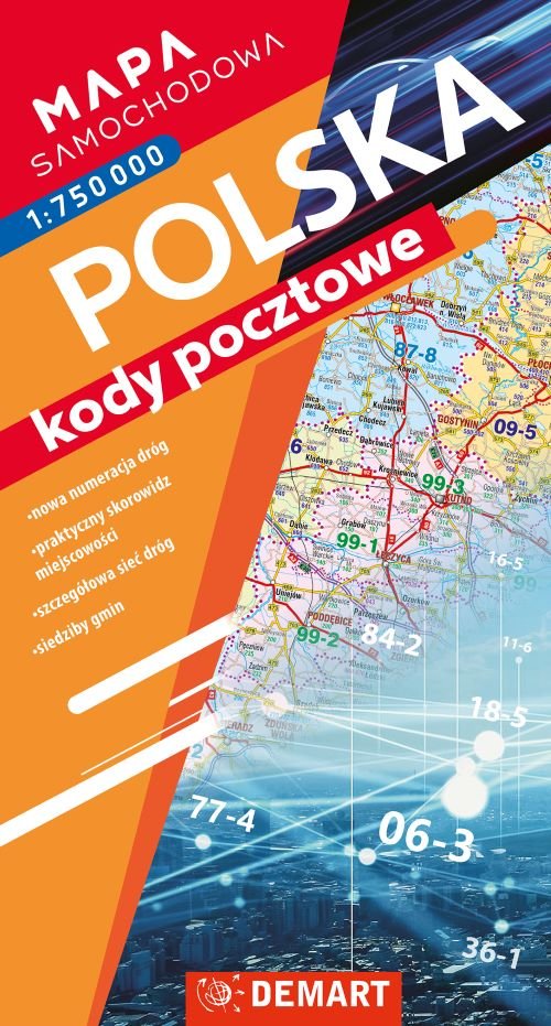 Mapa samochodowa Polski. Kody pocztowe.