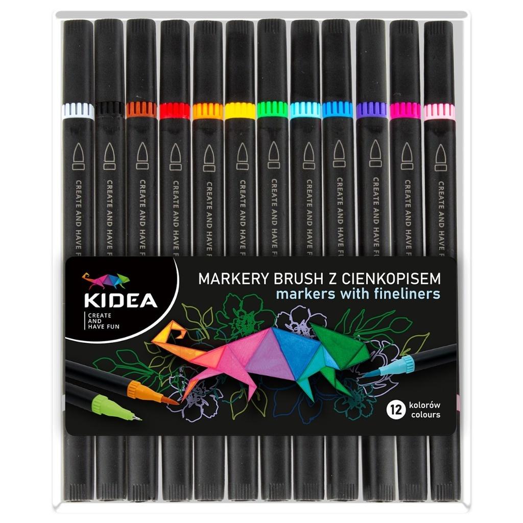 Markery Brush z cienkopisem 12 kolorów Kidea