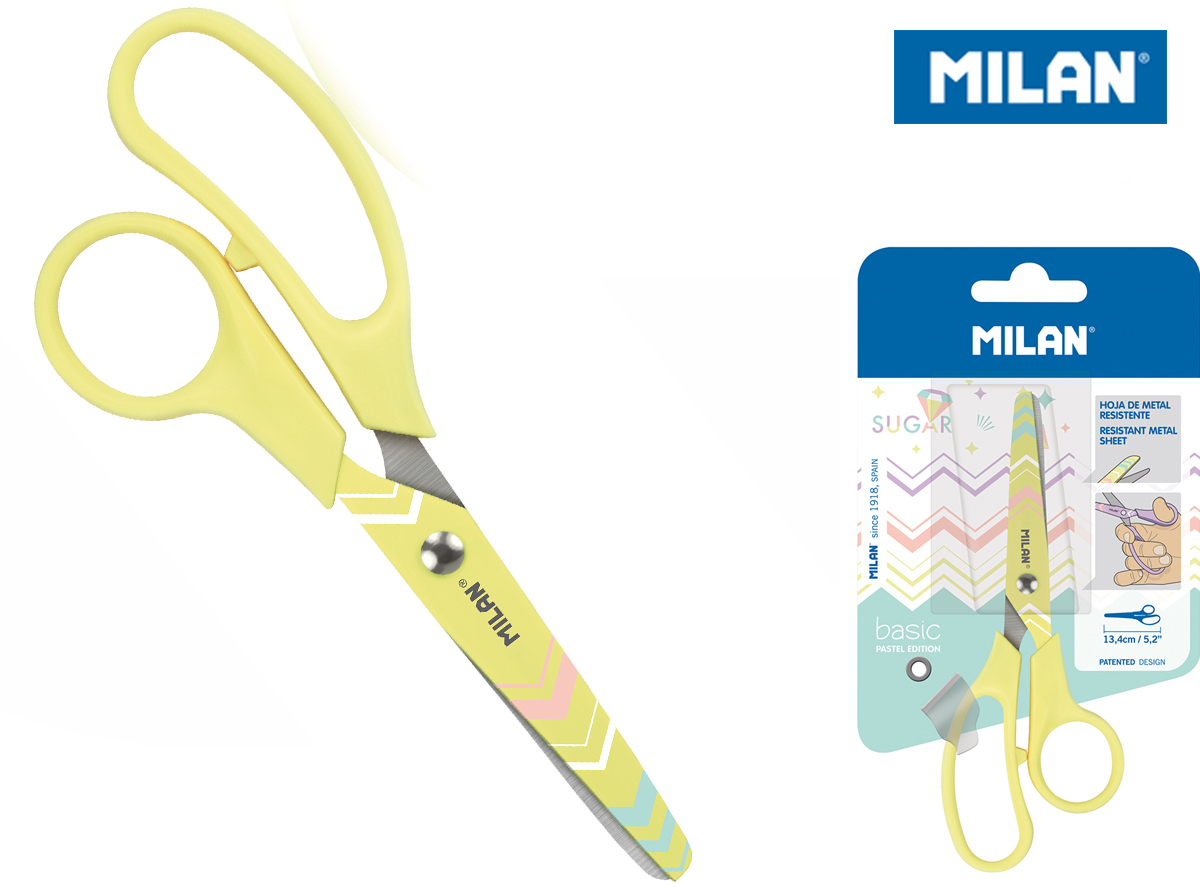 Nożyczki Milan szkolne 13,4 cm Sugar Diamonds żółte na blistrze 1 sztuka