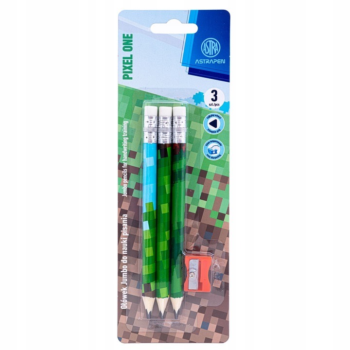Ołówki grafitowe trójkątne HB Jumbo Astrakids Pixel One 3 szt. z temperówką