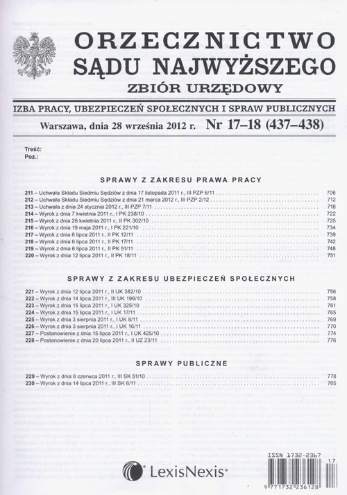 Orzecznictwo Sądu Najwyższego. Izba Pracy, Ubezpieczeń Społecznych i Spraw Publicznych 17-18/2012