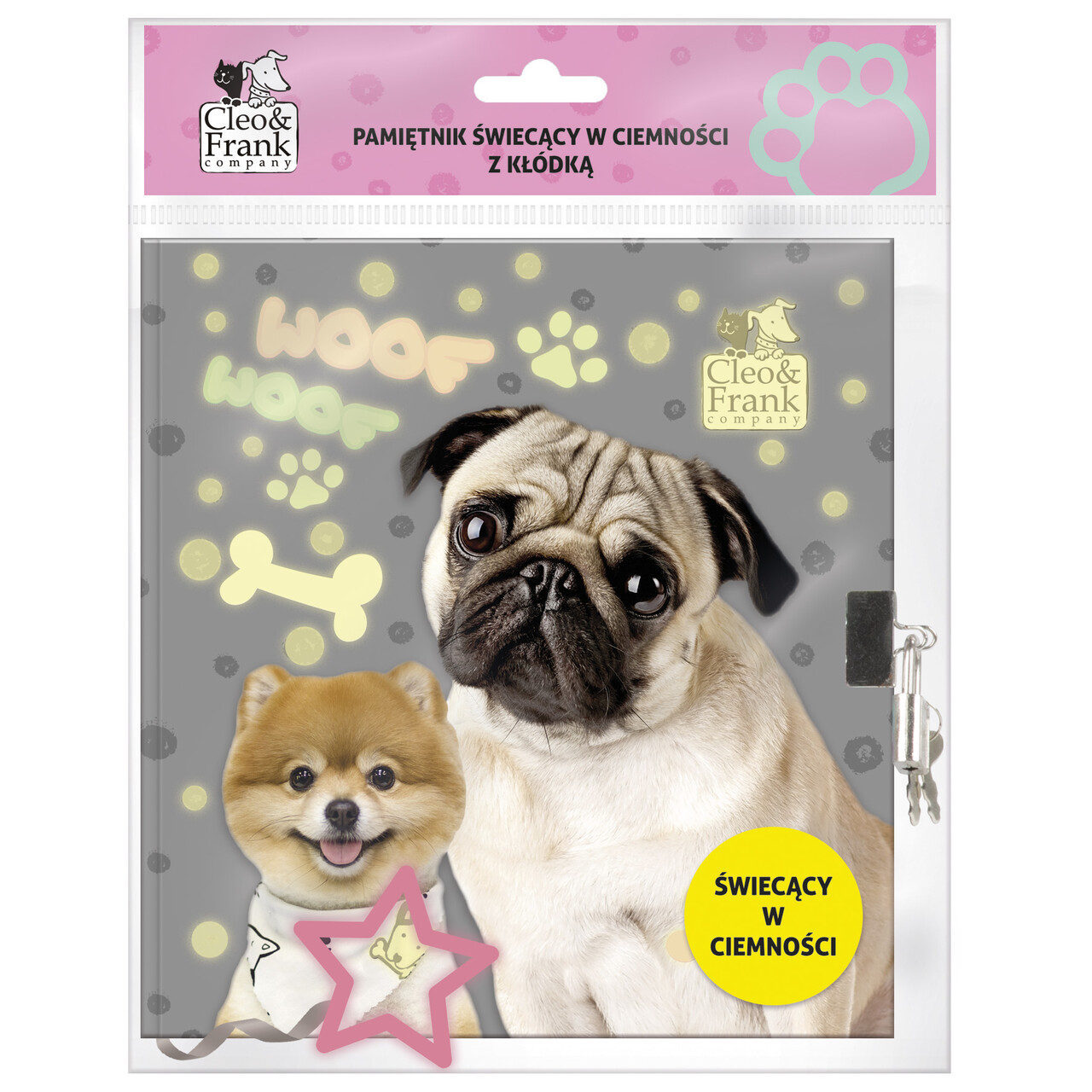 Pamiętnik świecący w ciemności z kłódką Cleo i Frank 28 pies