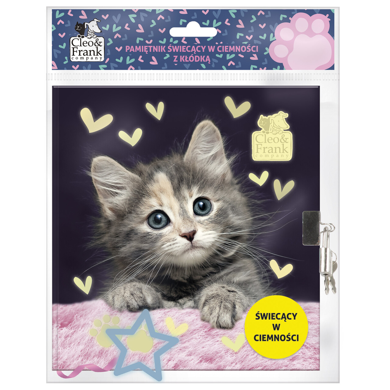 Pamiętnik świecący w ciemności z kłódką Cleo i Frank 30 kot