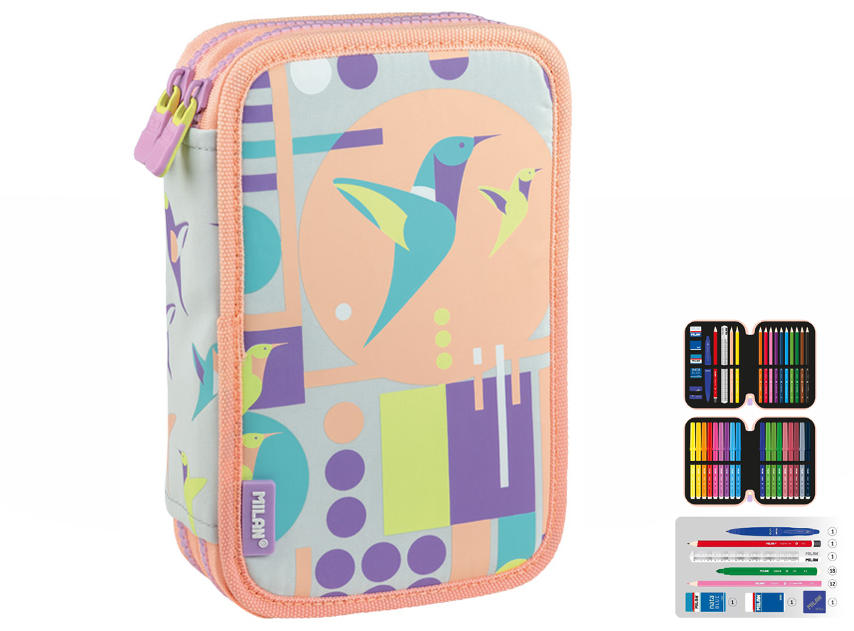 Piórnik 2-poziomowy z wyposażeniem Milan SUGAR COLIBRI PASTEL szaro-różowy