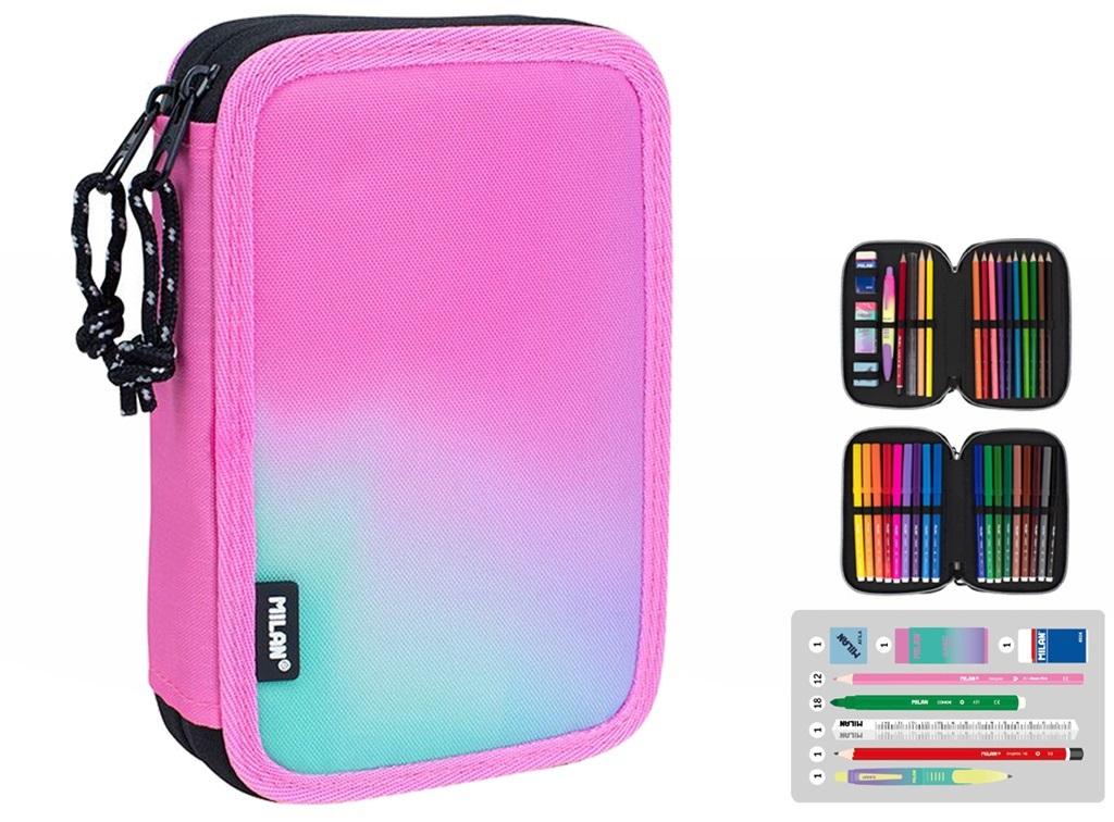 Piórnik 2-poziomowy z wyposażeniem Milan SUNSET różowy