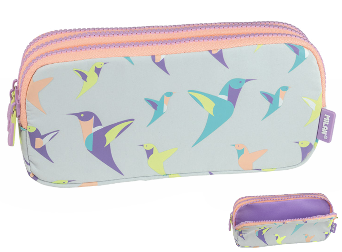 Piórnik 3 komorowy Milan SUGAR COLIBRI PASTEL szaro-różowy