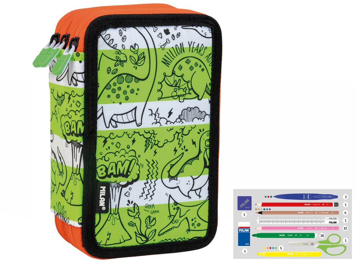 Piórnik 3-poziomowy z wyposażeniem MILAN MILLION YEARS AGO zielony