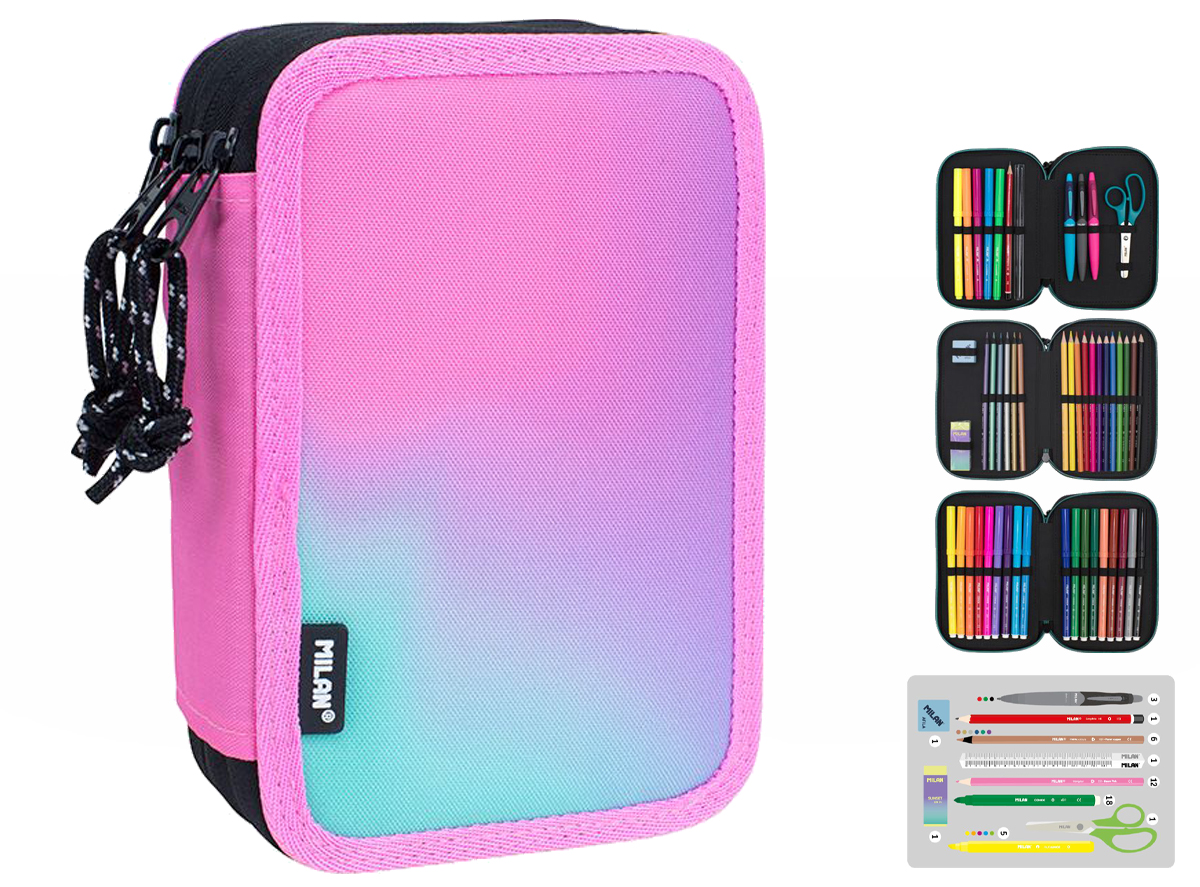 Piórnik 3-poziomowy z wyposażeniem Milan SUNSET różowy