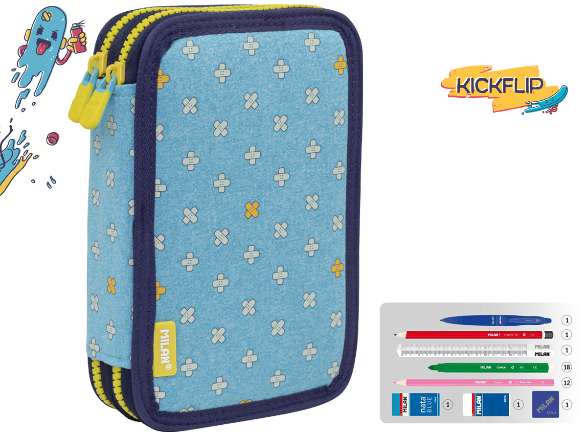 Piórnik Milan 2-poziomowy z wyposażeniem  KICKFLIP niebieski