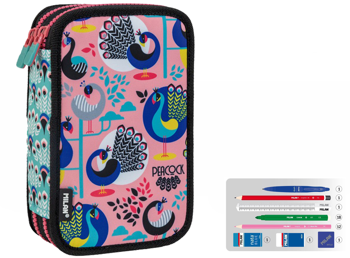 Piórnik Milan 2-poziomowy z wyposażeniem PEACOCK różowy