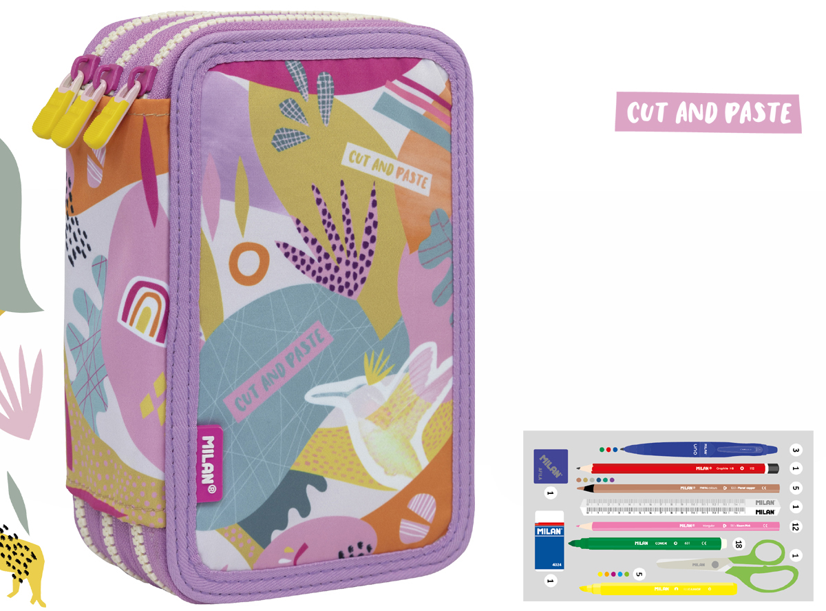Piórnik Milan 3-poziomowy z wyposażeniem MILAN CUT & PASTE ECO różowy