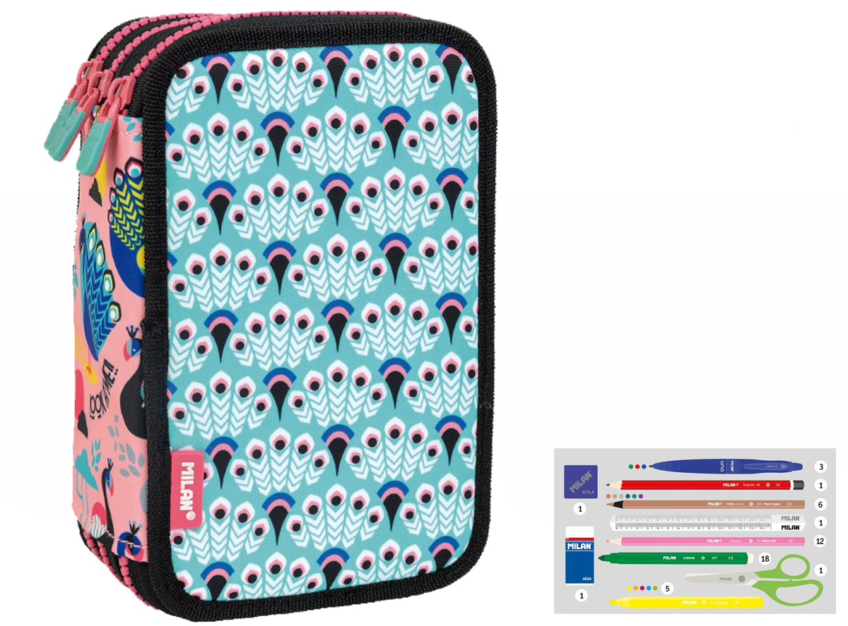 Piórnik Milan 3-poziomowy z wyposażeniem PEACOCK niebieski