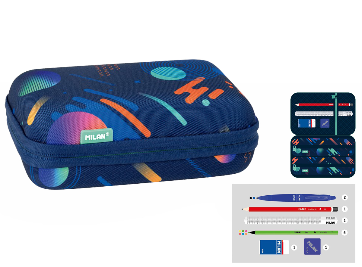 Piórnik usztywniany + 2 saszetki z wyposażeniem Milan PSICOGALAXY niebieski