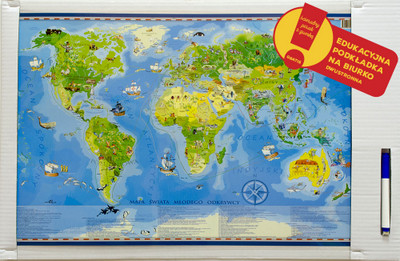 Podkładka na biurko + pisak dwustronna mapa świata młodego odkrywcy