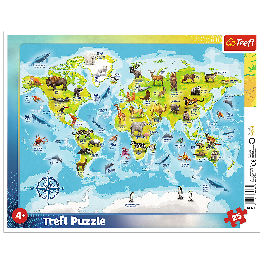Puzzle ramkowe Mapa świata ze zwierzętami 25