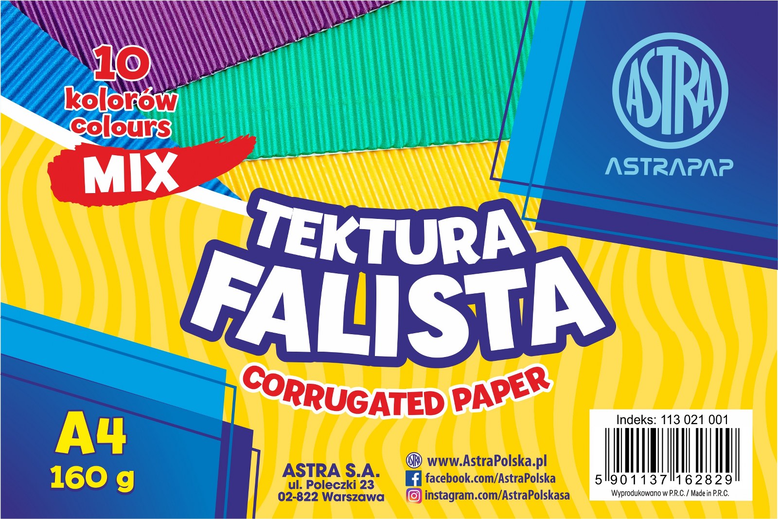 Tektura A4 falista mix 10 kolorów Astra 160g zestaw