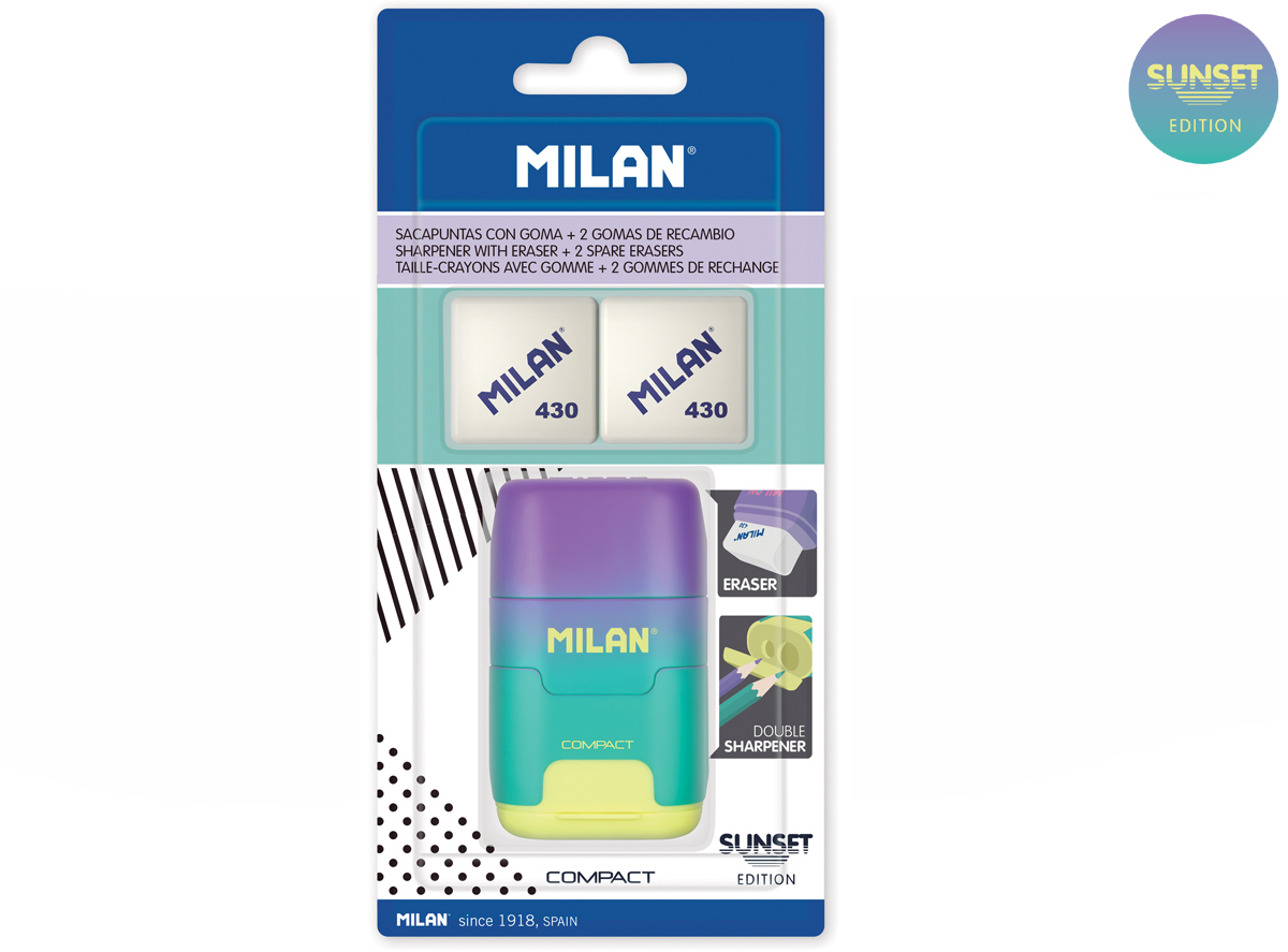 Temperówka z gumką Milan fioletowo-zielono-żółta, 2 gumki 430, COMPACT SUNSET na blistrze