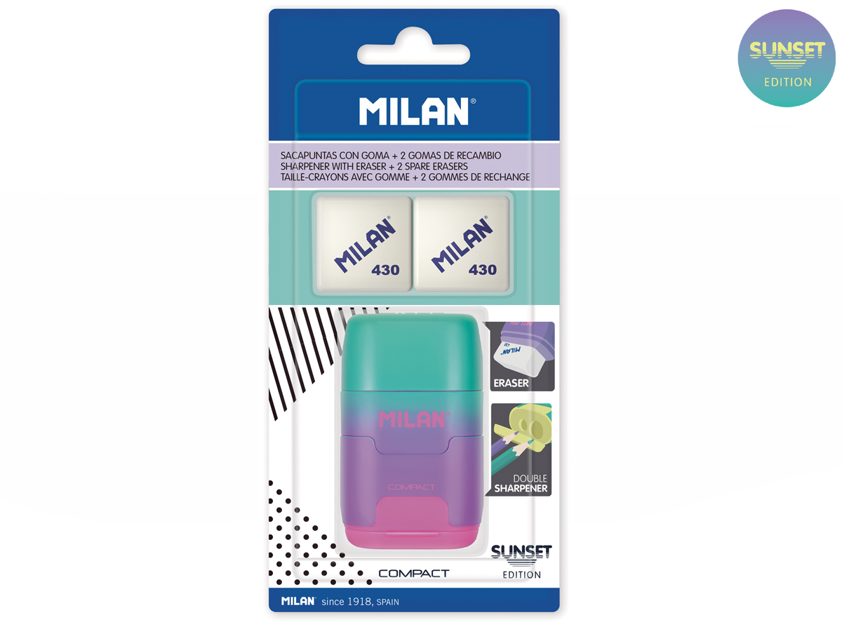 Temperówka z gumką Milan zielono-fioletowo-różowa, 2 gumki 430, COMPACT SUNSET na blistrze