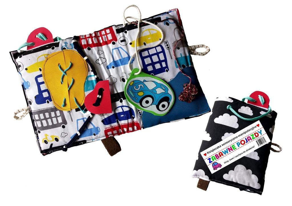 Zabawne pojazdy Książeczka sensoryczno-manipulacyjna