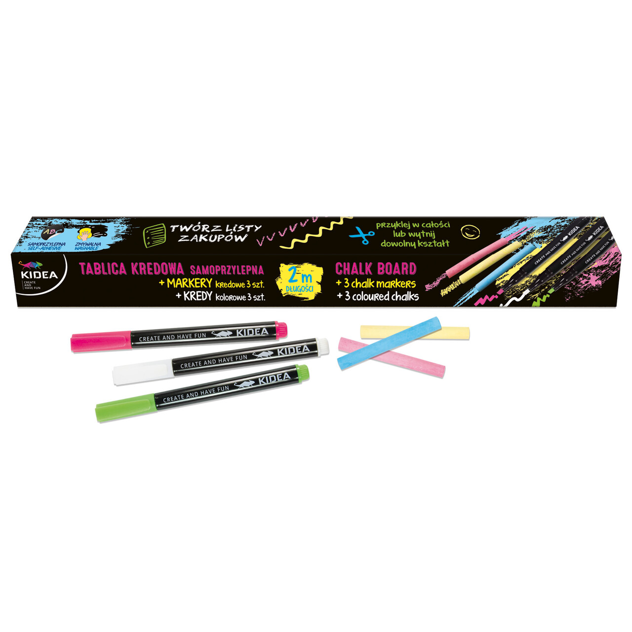 Zestaw tablica samoprzylepna Kidea z markerem kredowym i kredą